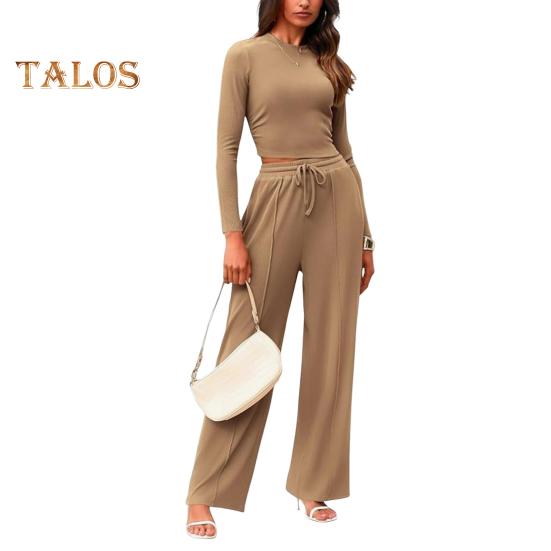 

2 шт./комплект женский топ брюки костюм круглый вырез длинный рукав тонкий топ высокая талия завязывающиеся широкие брюки спортивный костюм повседневная одежда наряд S хаки