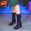 Fashion Pointed Toe Elegant Heeled Women's Half High Boots Autumn Winter Fleece-Lined Ladies Mid Calf Shoes Leather Goth New in Footwear