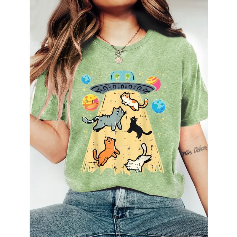 Women's Summer UFO Abducting Cute Cat Print Crew Neck Short Sleeve T-shirt