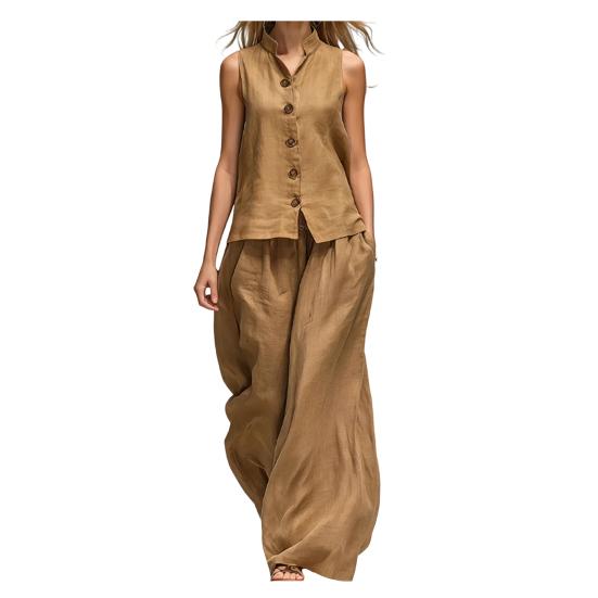 Conjuntos de 2 Peças Femininos Sem Mangas, Conjunto Combinando Casual com Top Regata de Botão e Calça Wide Leg, Roupas para Viagem, Férias e Lounge