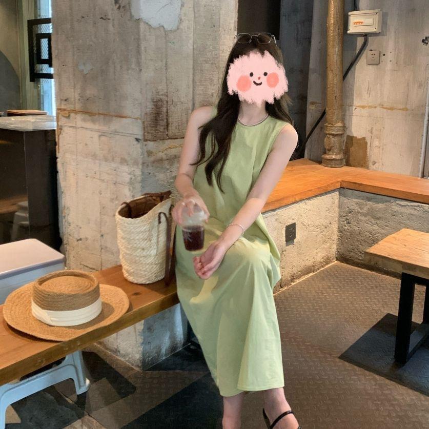Korean Thin Small Fresh Green Vest Dress Women's Spring New Medium and Long Casual Loose Skirt
