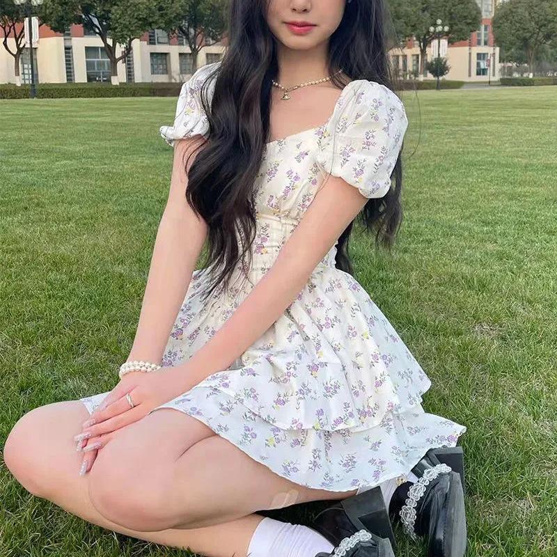 Summer New Gentle Stylish Dress Waist Slim Effect Featuring Single Neckline Bubble Sleeves Fluffy Princess Floral