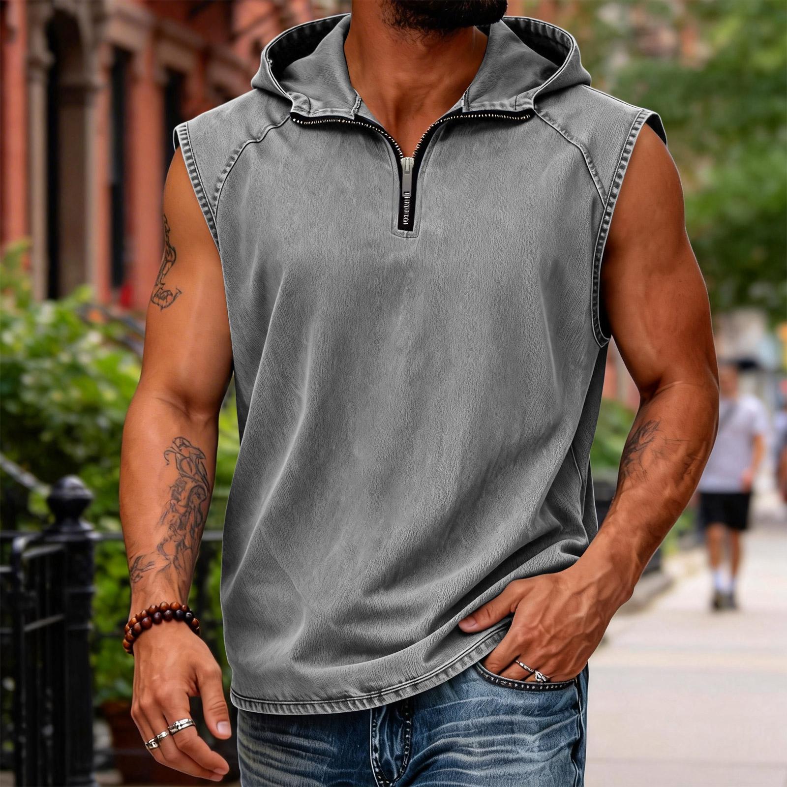 Mens Casual Shirts Sleeveless Hooded Zip Neck Top Mens Summer Shirts Lightweight Shirt Mens Casual for Outdoor Activities XXXL