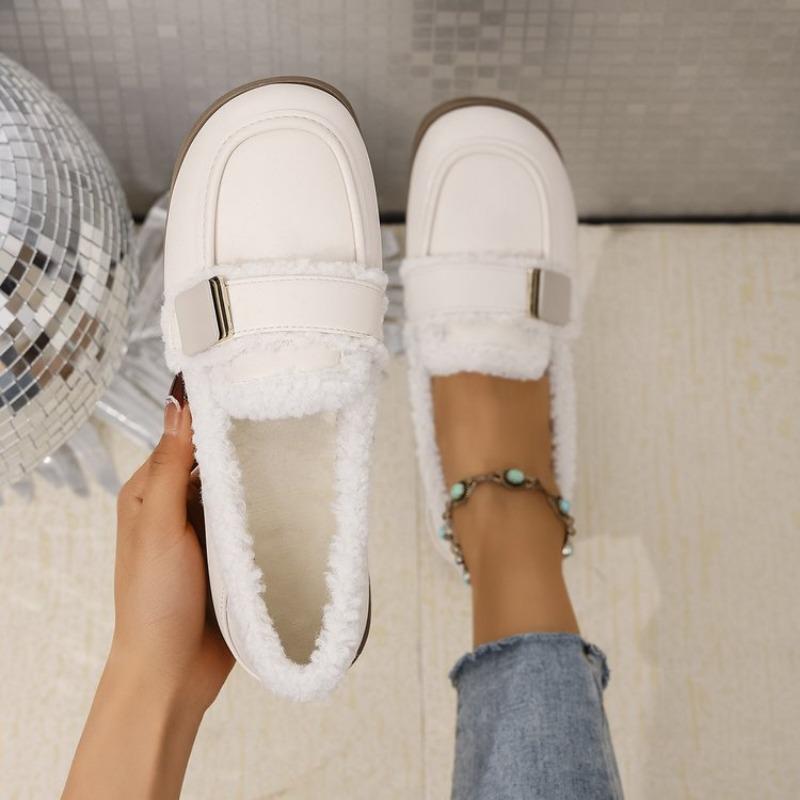 Fashion Women's Flat Shoes Winter New Round Head Deep Mouth Metal Buckle Thick Soft Sole Non-slip Cotton Shoes