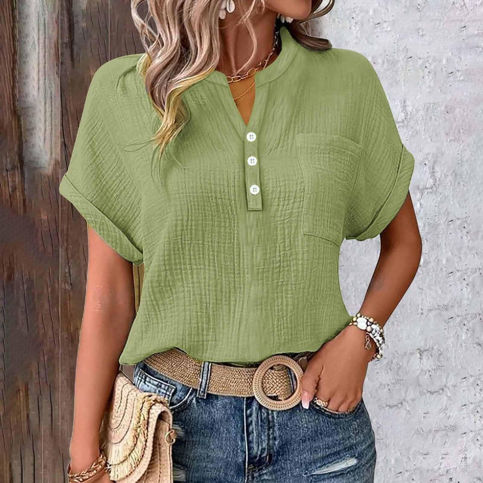 

Women s Blouse, Linen Blouse, Women s Summer Button-Down Linen Shirt,Short Sleeve V-Neck Blouse With Pockets S