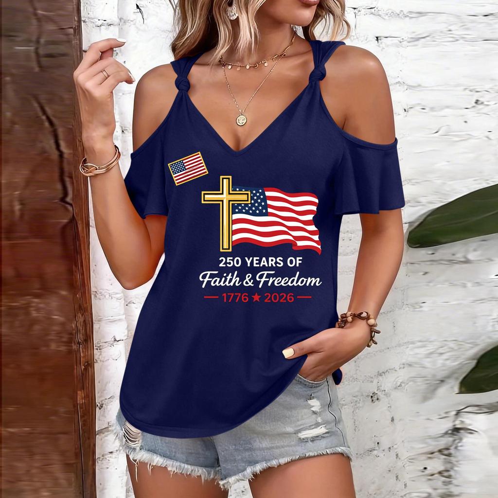 T-shirt décontracté pour femme à manches courtes et épaules dénudées avec imprimé Jour de l'Indépendance, col rond, coupe ample