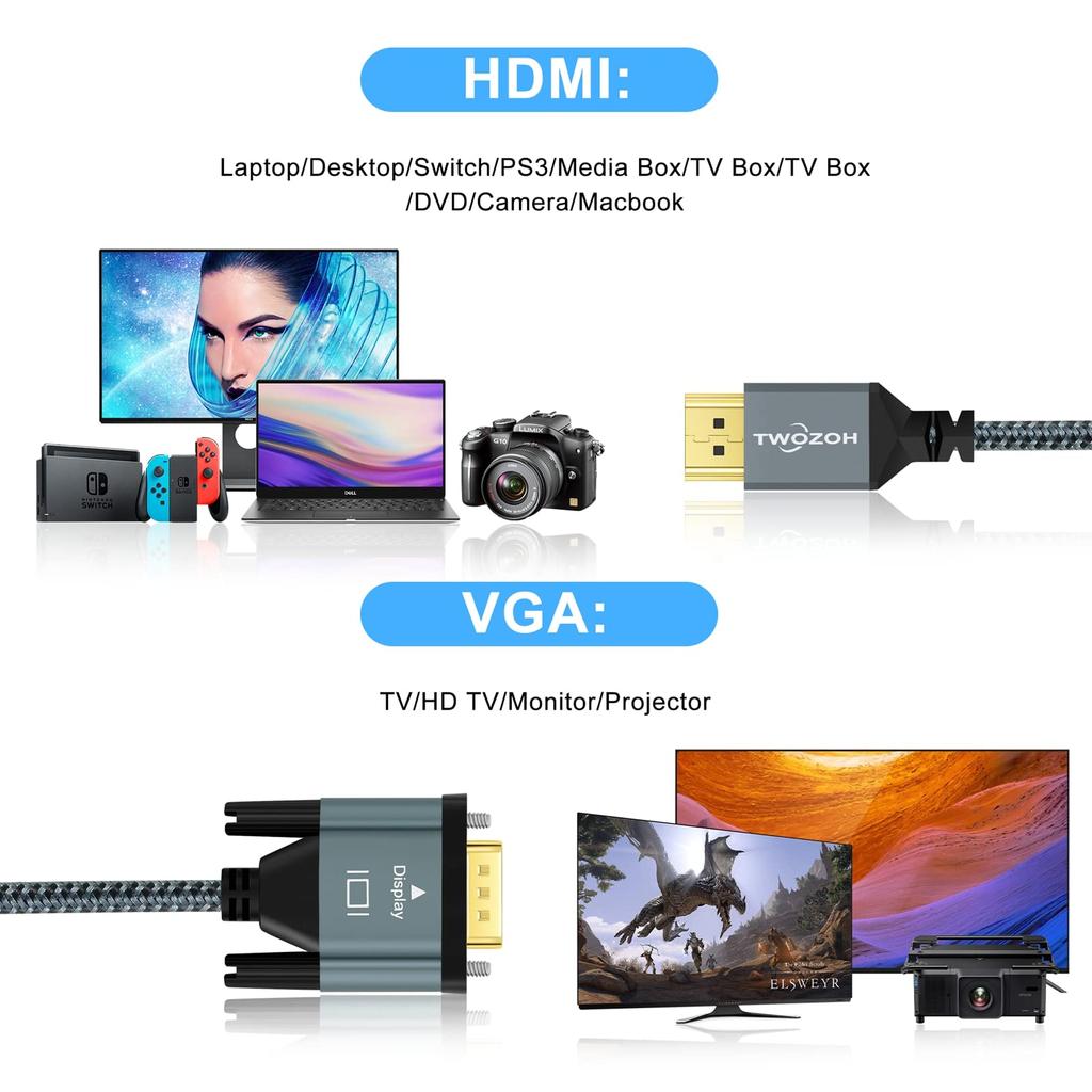 Twozoh HDMI zu VGA Kabel 5M Aluminiumlegierung Gehäuse Nylon Geflochten Vergoldet Unterstützung & 1080P/60HZ