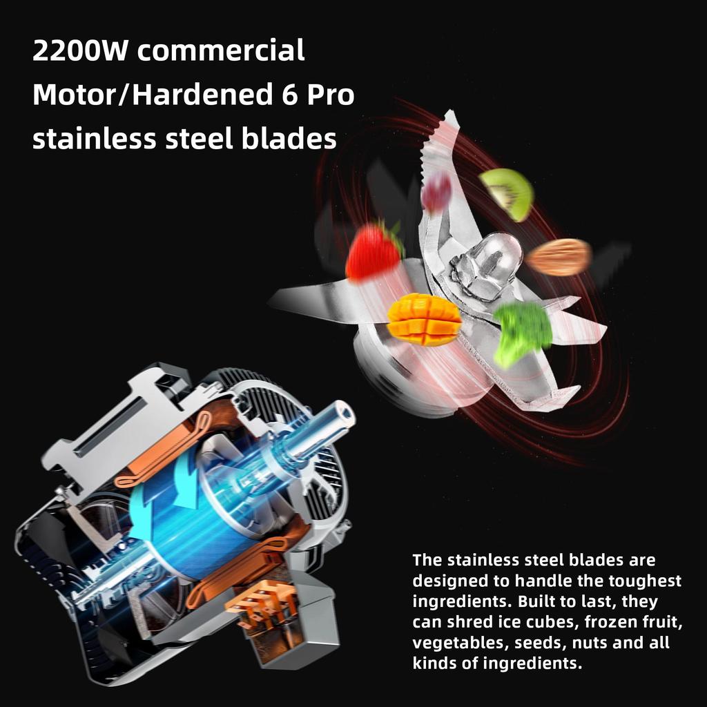 Biolomix T5800 Professional Countertop Blender, 2200W High Power, 2L BPA-Free Jar, 6 Stainless Steel Blades, Stepless Speed & Pulse