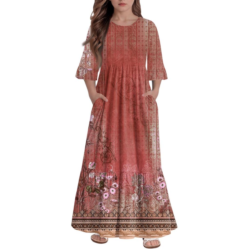 Girls' Tiered Ruffle Dress - 3/4 Sleeve Pocket Maxi With Pockets