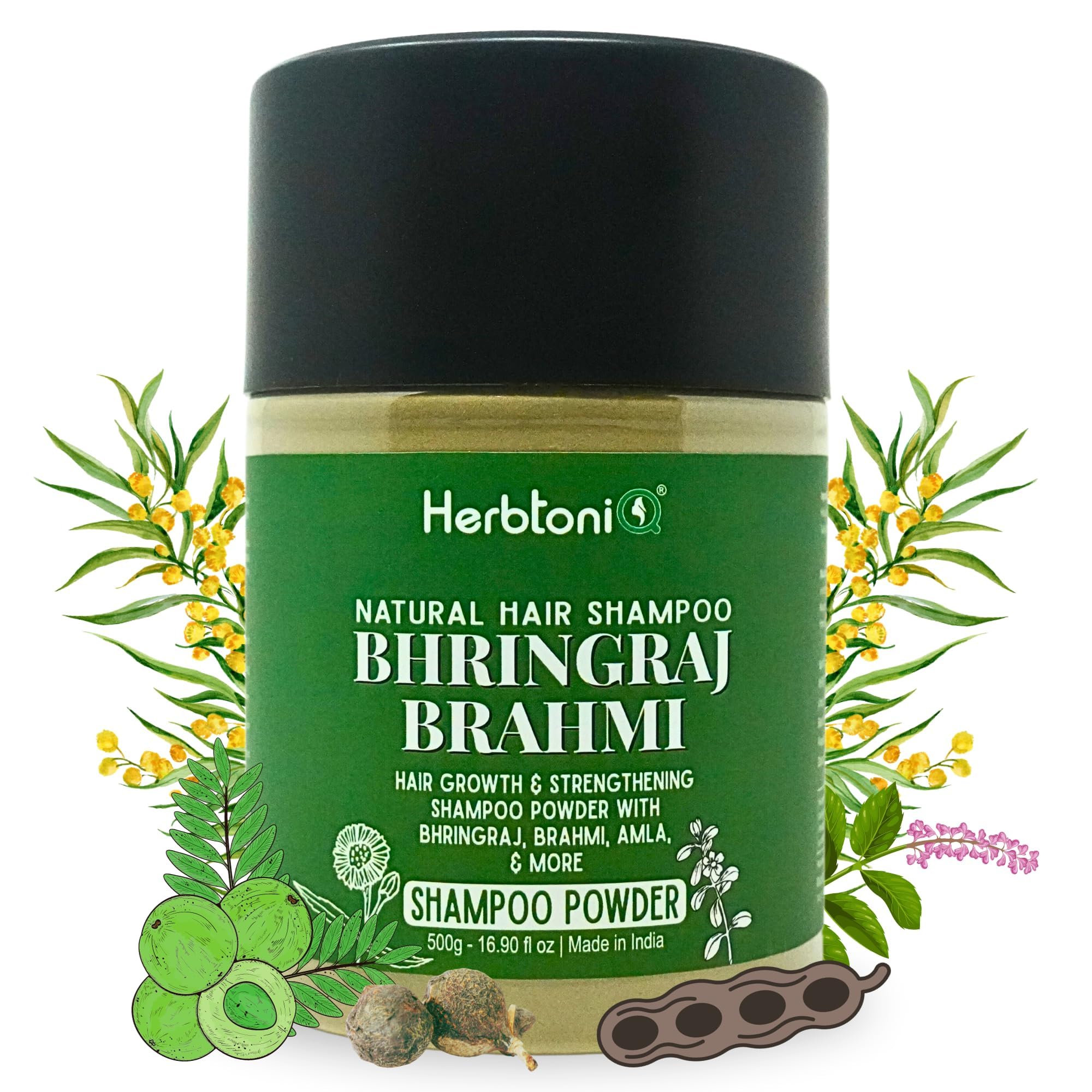 

HerbtoniQ Bhringraj Brahmi Shampoo Powder with Organic Ingredients Amla Shikakai Hibiscus and Many More | For Hair Fall Reduction, Dandruff Contr