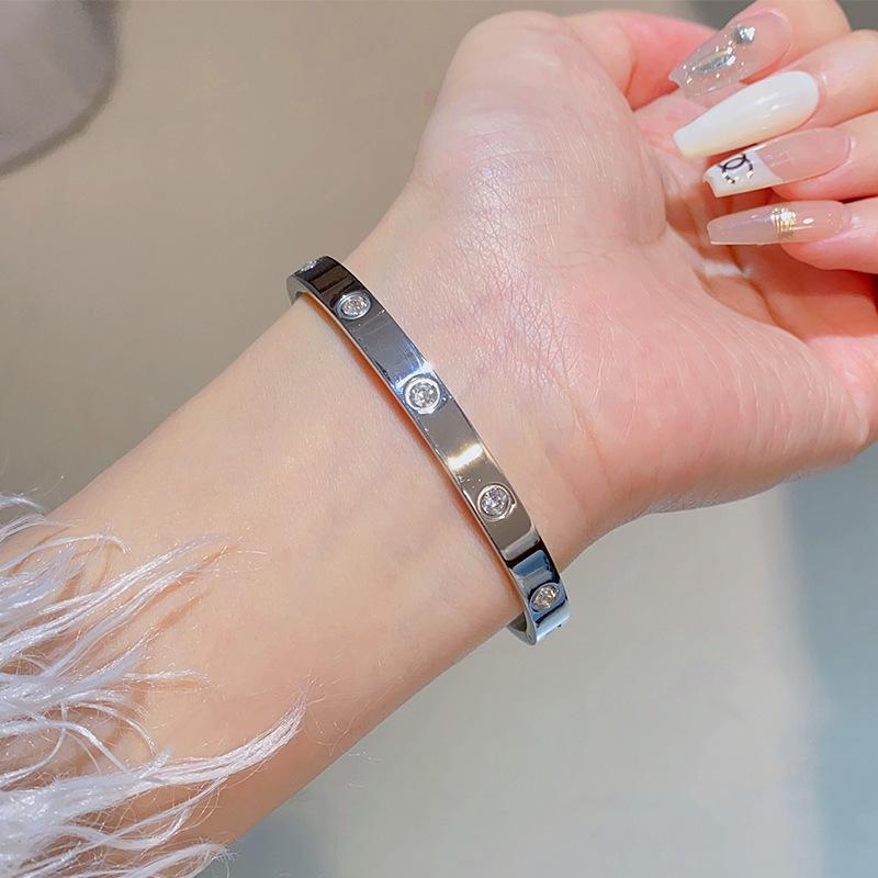 High-End Women's Silver Titanium Steel Zircon Bangle Bracelet