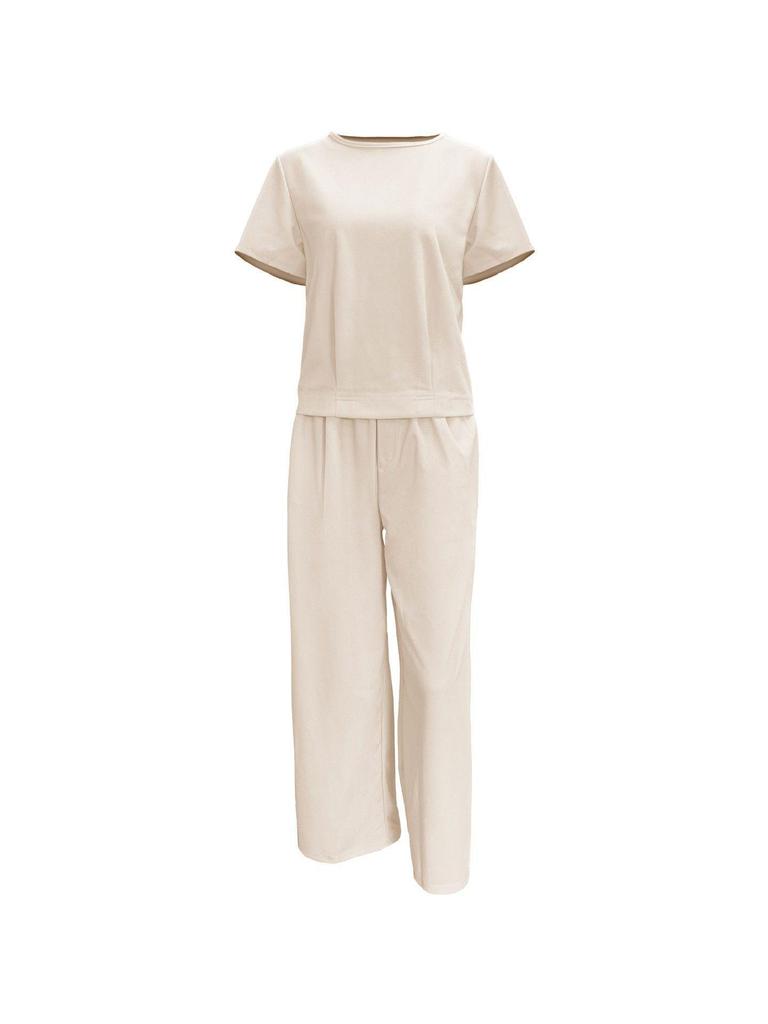European Summer Pink Linen Women's Two-Piece Set: Short Sleeve Top & Wide-Leg Pants
