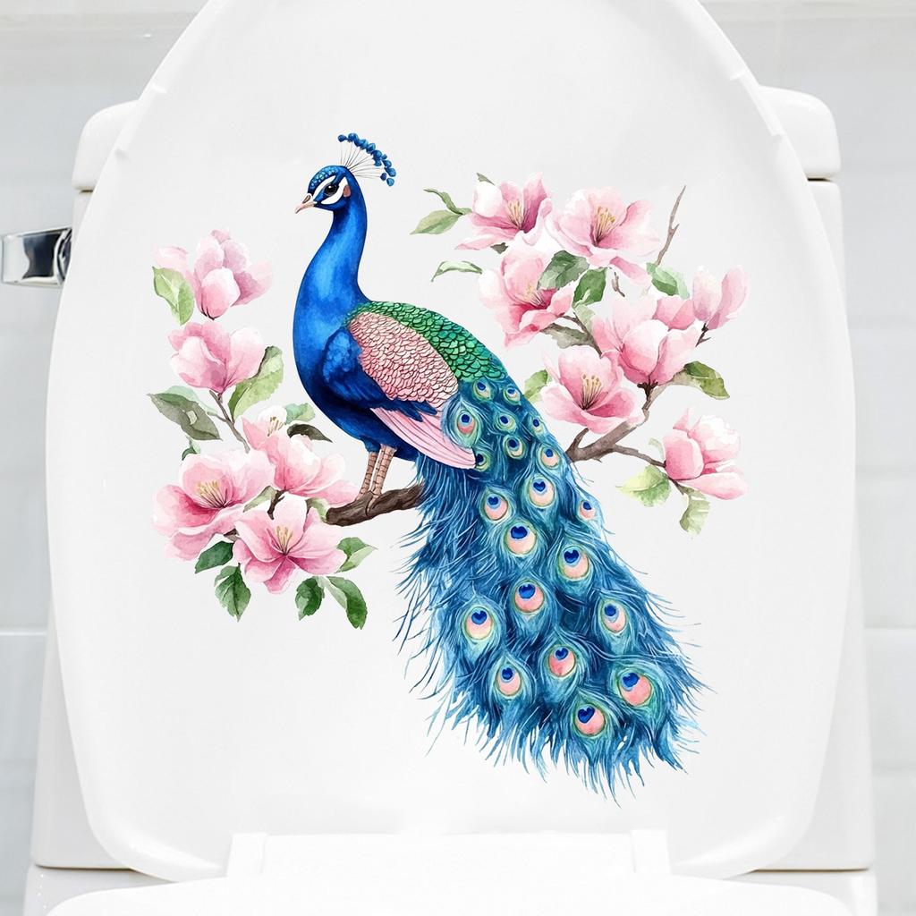Elegant Peacock & Floral Toilet Stickers, Waterproof Removable Decals for Bathroom & Living Room Wall Decor
