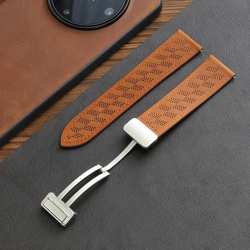 Breathable Microporous Full-leather Crazy Horse Pattern Magnetic Buckle Strap for HUAWEI GT3/4 Samsung WATCH Strap