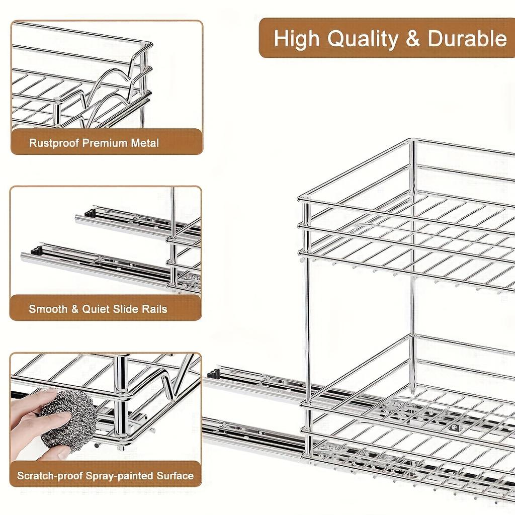 1pc Pull Out Cabinet Spice Rack Organiser, Pull Out Kitchen Spice Shelf Organiser, 2 Tier Cabinet Organiser, Under Sink Organiser