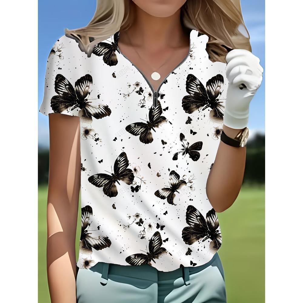 Summer Loose T-shirt Fashionable and Elegant Zipper V-neck Color Blocked Printed T-shirt Plus Size Women's Short Sleeved Shirt