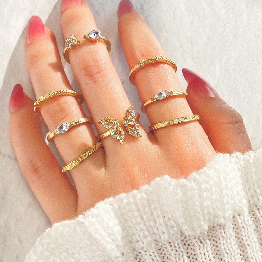 Luxury Diamond Butterfly Carving Jewelry Temperament Elegant Woman Versatile Charm Open Ring Set