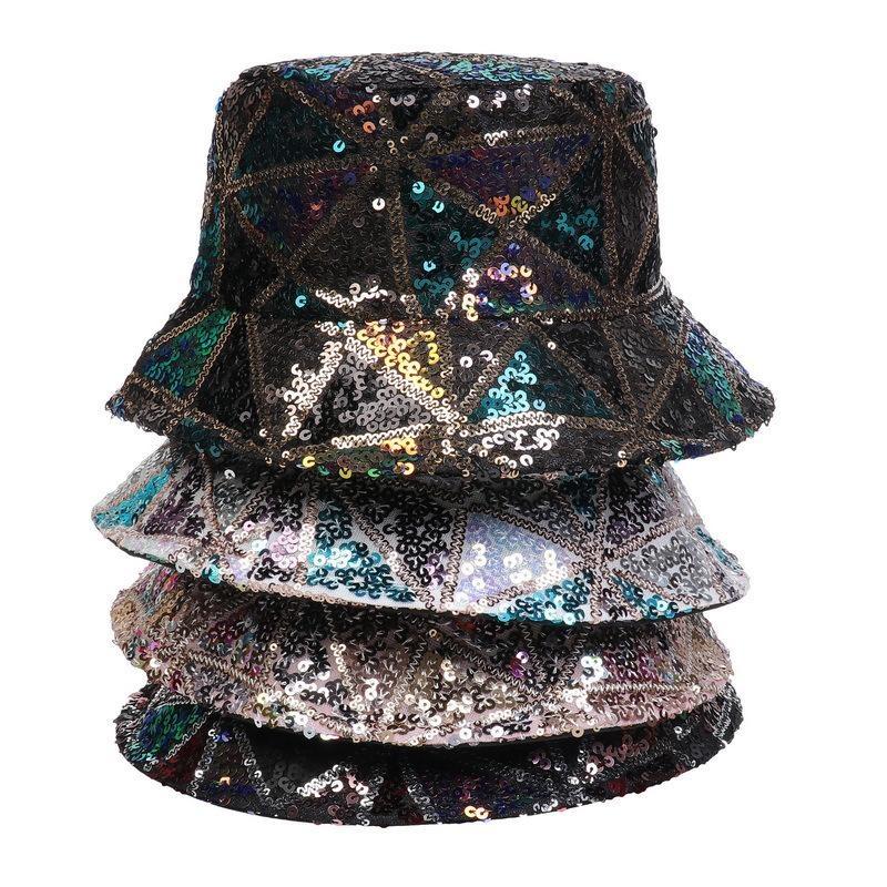 Women Bucket Hat Fishing Cap Sequin Hip-hop Festival Glitter Bling Wide Brim