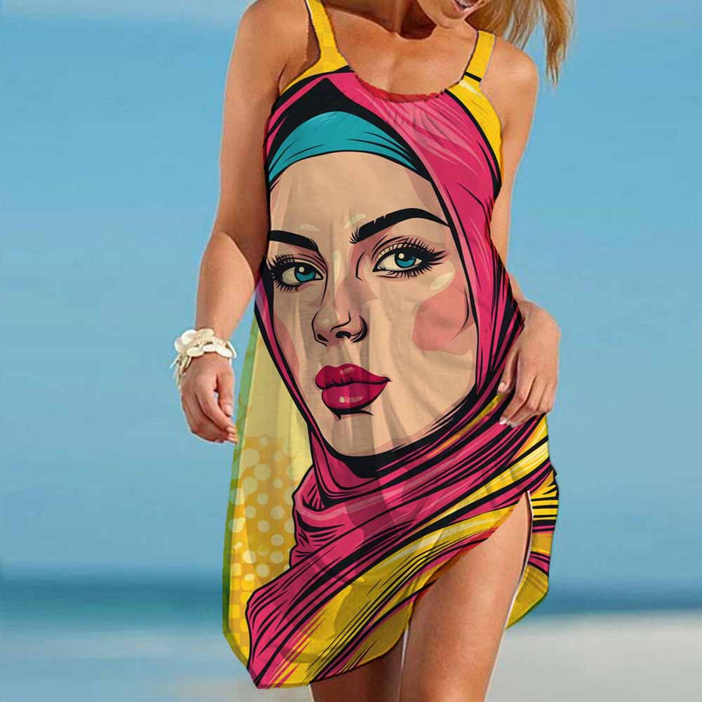 New Women's Fashion 2025 New Print Summer Casual Party Mini Dress Beach Style Elegant Pop Art Prints Lady Sleeveless Dress