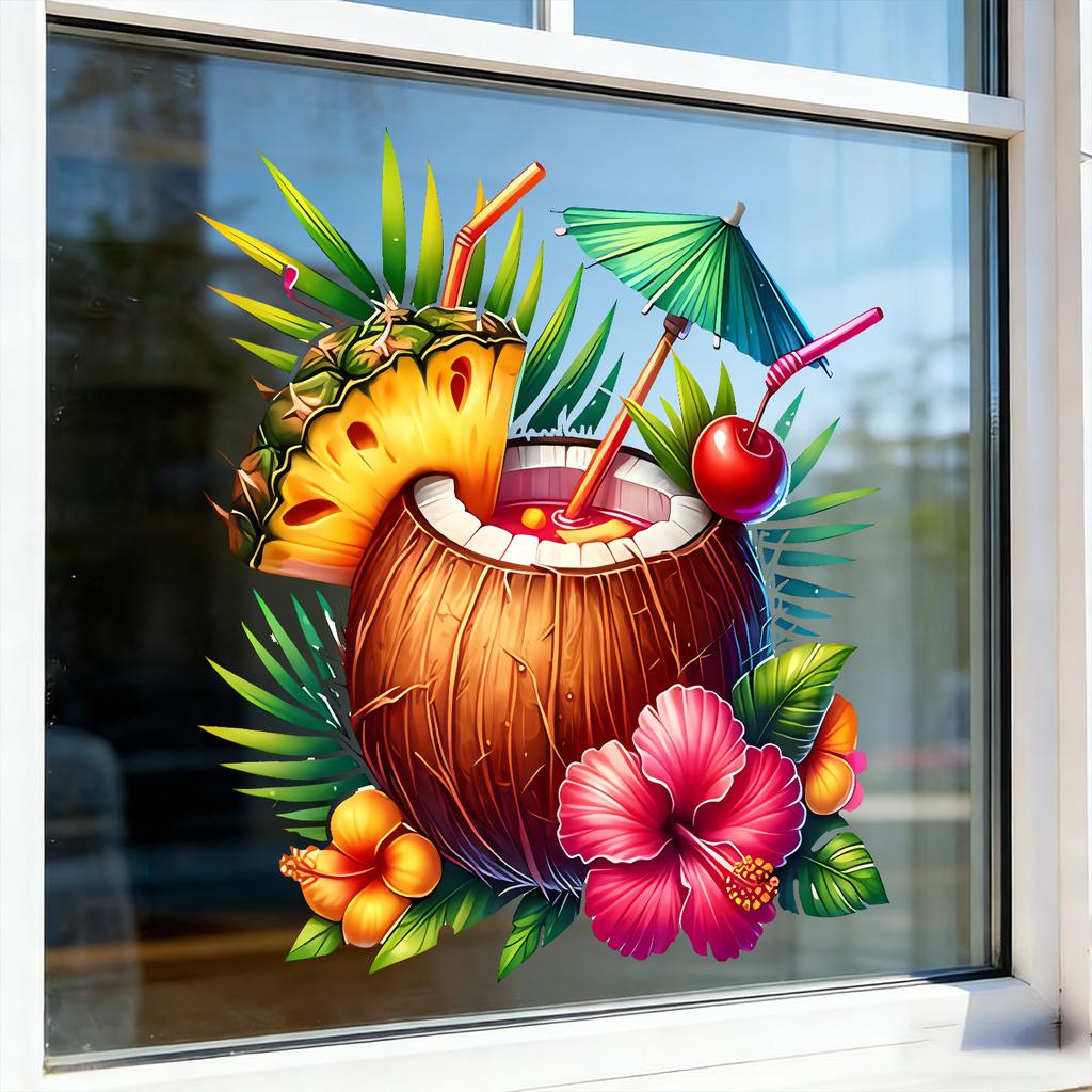Creative Coconut Juice Pineapple Static Cling Window Sticker for Living Room Bedroom Glass Home Decor