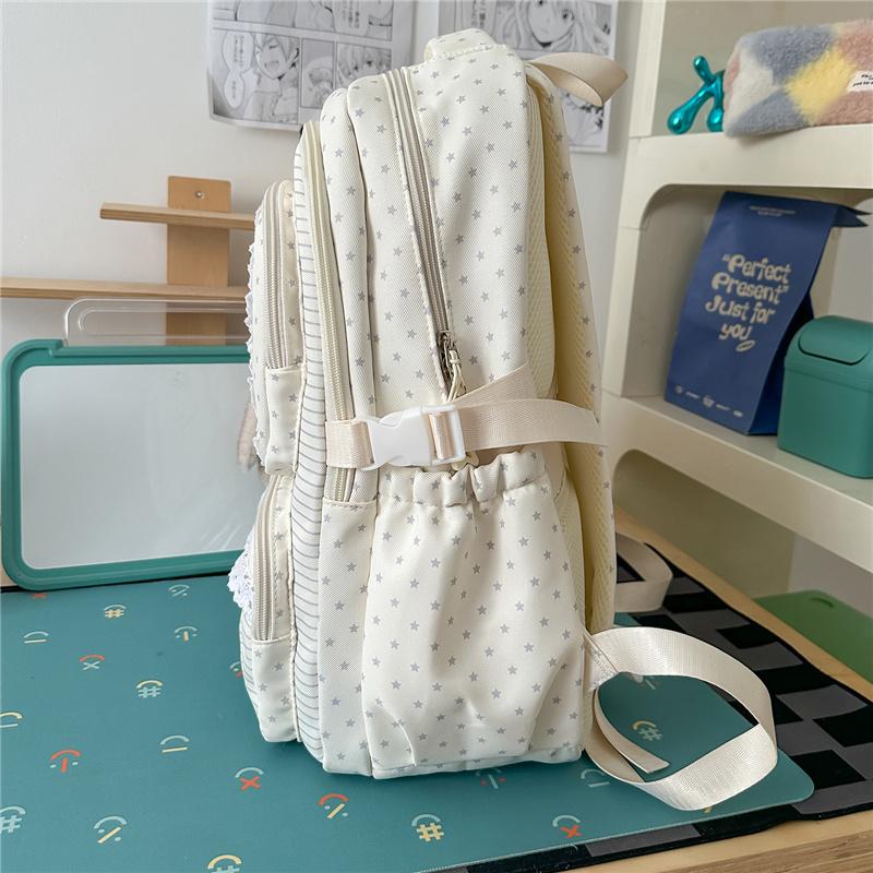 Mochila con Adorno de Encaje Rayas Estrelladas con Ventana Frontal Transparente y Múltiples Bolsillos Gran Capacidad Mochila Escolar Diaria para Adolescentes Estudiantes Viajes Diarios