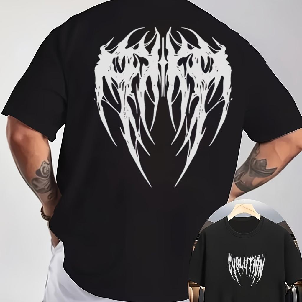 Men's Gothic Style Wing Hot Stamping Printed T-shirt with Black and White Gothic Style Wing Pattern T-shirt Street Style Concert