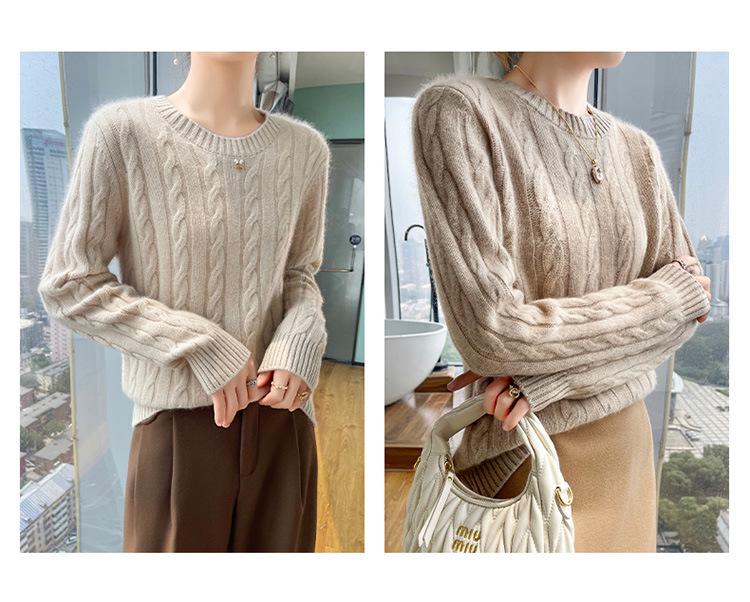 Autumn Winter Women's Thick Cashmere Round Neck Pullover - Retro Cable Knit Soft Sweater