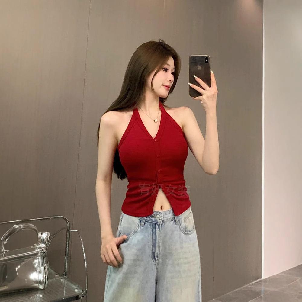 #Neck Vest Women's Summer Outer Wear Design Sense Niche Chic Beautiful Spice Girl Top with Chest Pad Outer Wear