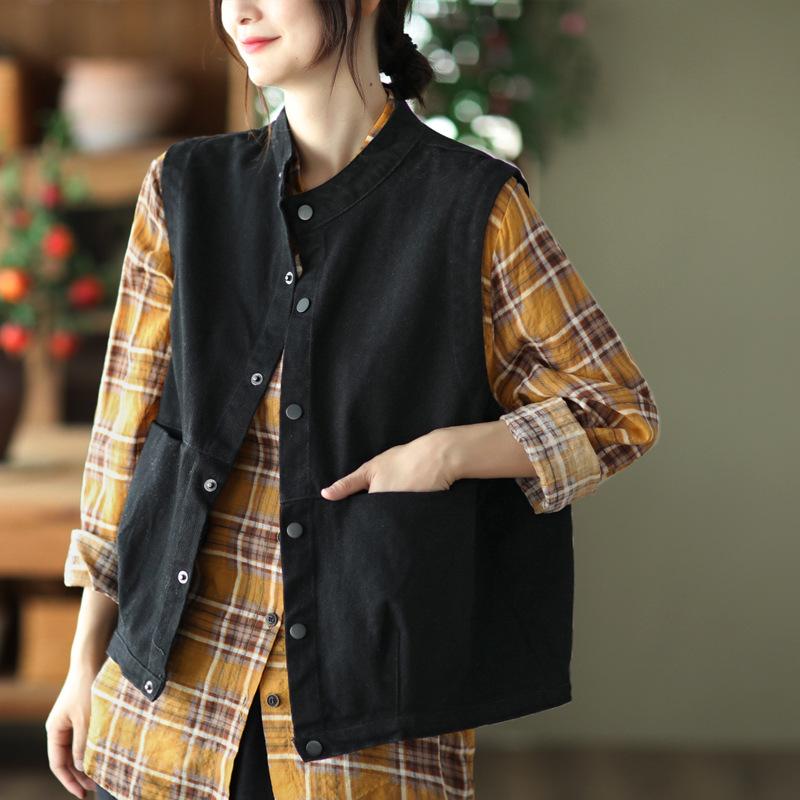 

Осенний винтажный твиловый жилет свободный короткий кардиган без рукавов с жилетом для женщин пальто 2XL чёрный