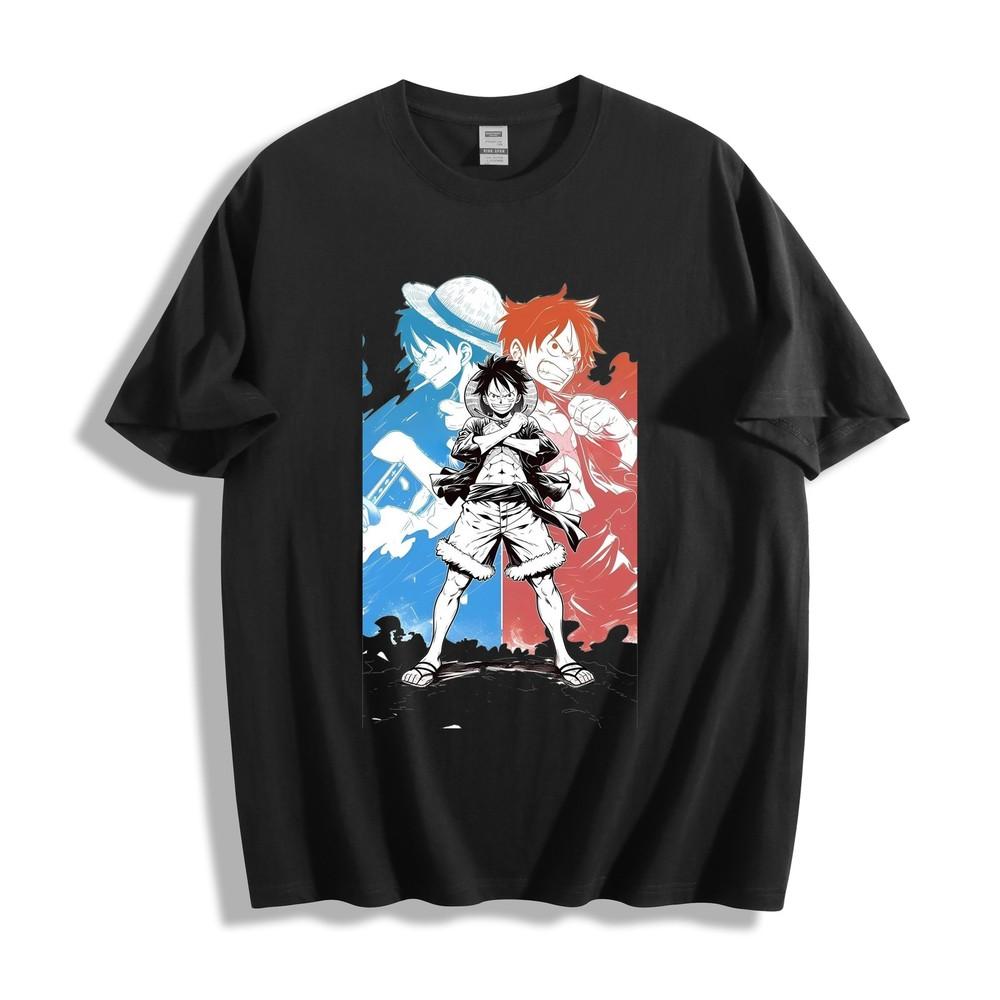 

Luffy Collage One Piece T-Shirt - Red and Blue Dual Art Unisex Tee S