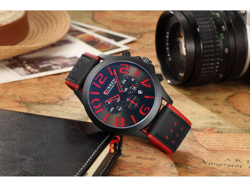 CURREN M8244 Men's Six-Hand Quartz Watch, Sporty Waterproof Design with Genuine Leather Strap and Single Calendar.
