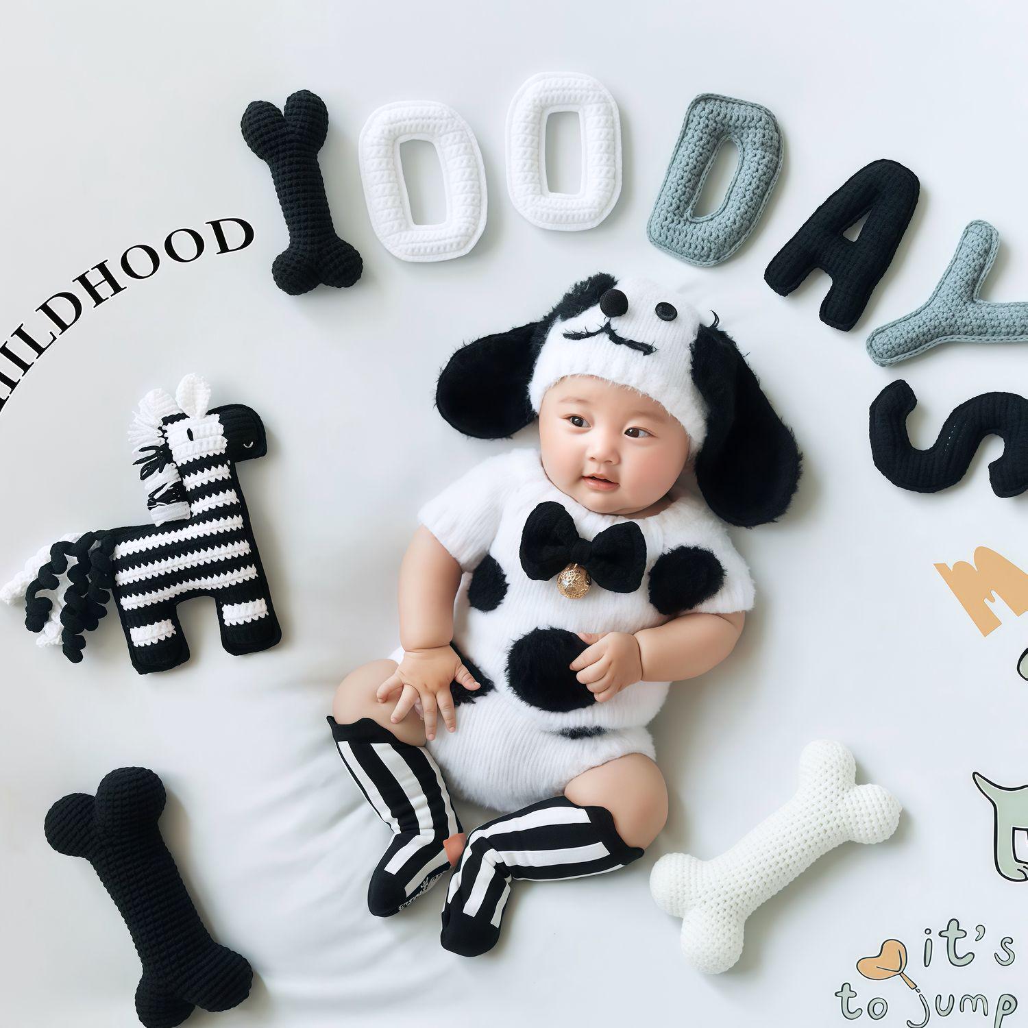 

Вязаный крючком костюм для фотосессии новорожденного в виде щенка ручной работы 1-3 Months Baby чёрный/белый