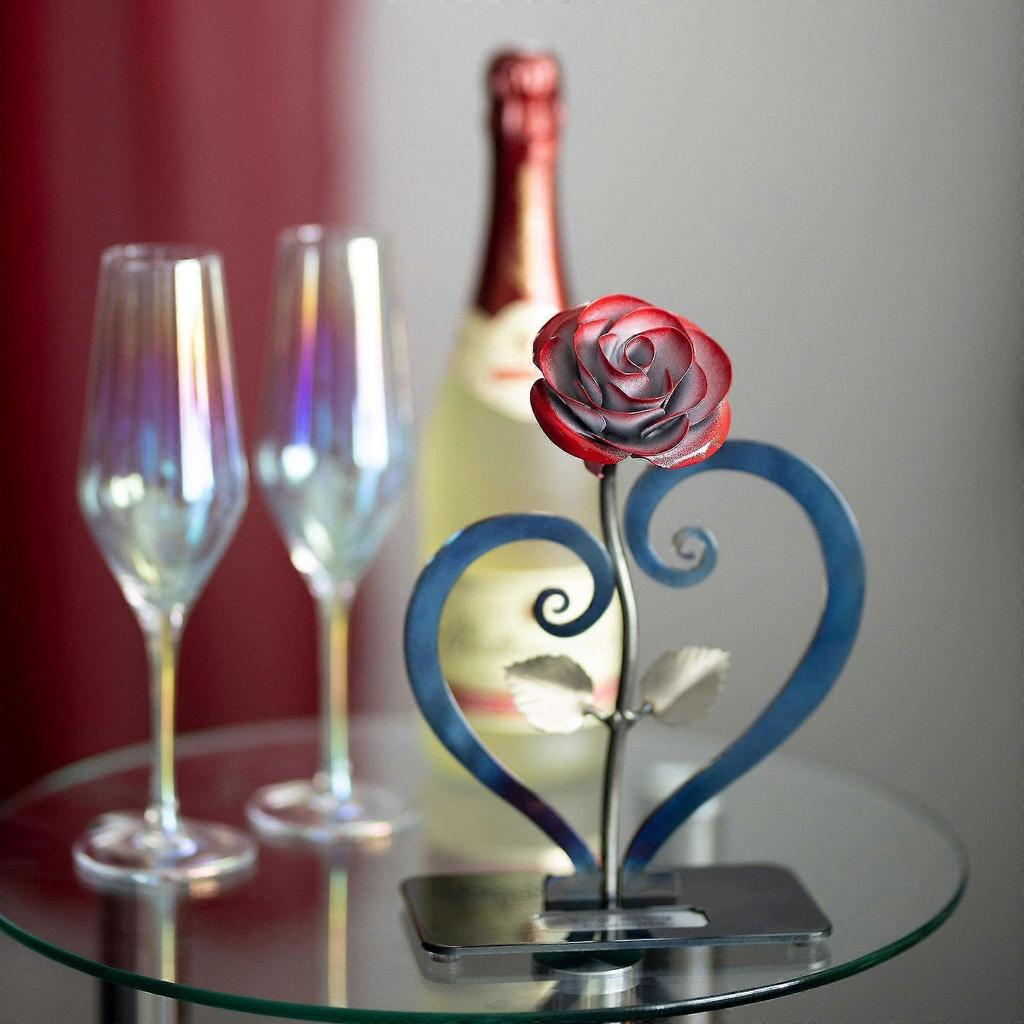 Gift Hand-forged Wrought Iron Red Metal Rose With Heart - Shaped Stand