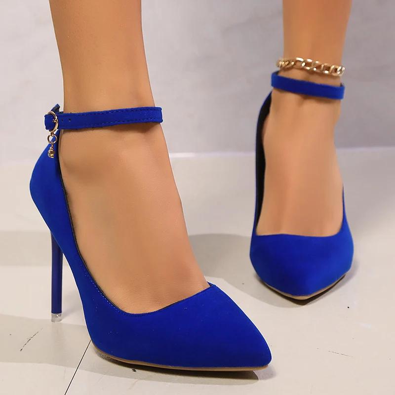 Fashion Fashion Blue Satin Ankle Strap High Heels Pumps Women Sexy Pointed Toe Stiletto Heeled Banquet Dress Shoes Woman Elegant Pumps