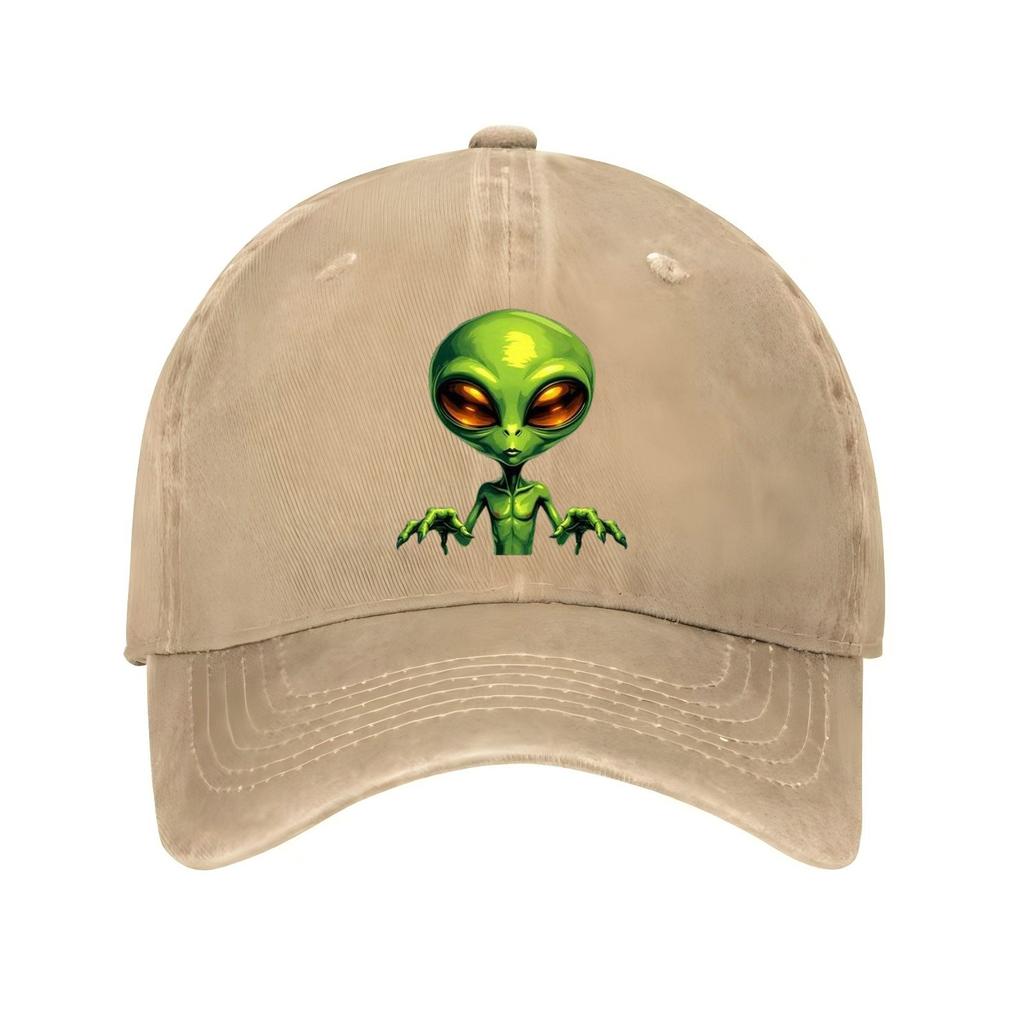 Green Alien Head Print Baseball Cap Unisex Cotton Adjustable Casual Outer Space Theme Hat