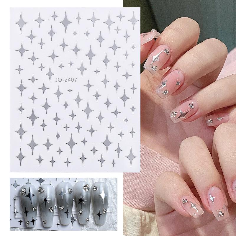 Liquid Metal Silver Series Nail Art Sticker Pentagram Moon Quadrangram Sticker Nail Art Comes With Background Nail Sticker