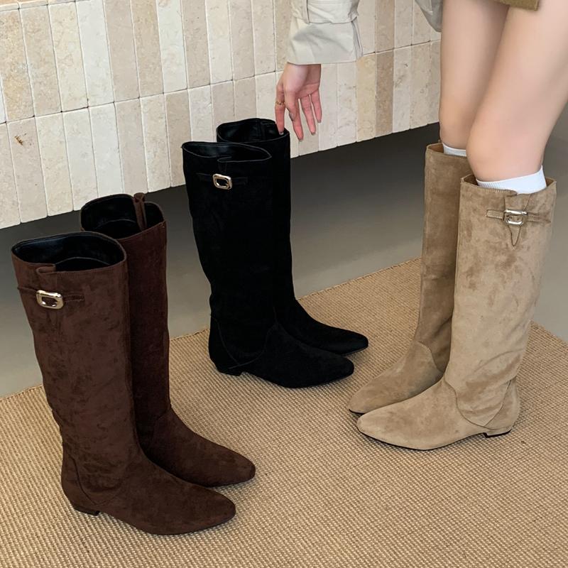 Fashion Eilyken 2025 New Winter Design Vintage Pointed Toe Knee High Boots Women Low Heels Splicing Buckle Strap Female Shoes