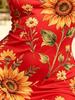 Women's Red Floral Print Sleeveless Bodycon Mini Dress, High Waist Tight Fit Summer Beachwear
