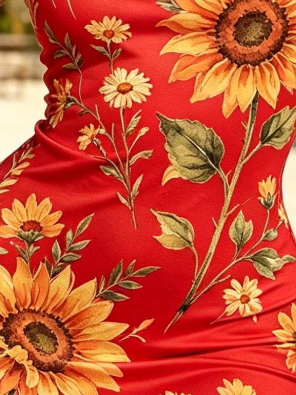 Women's Red Floral Print Sleeveless Bodycon Mini Dress, High Waist Tight Fit Summer Beachwear