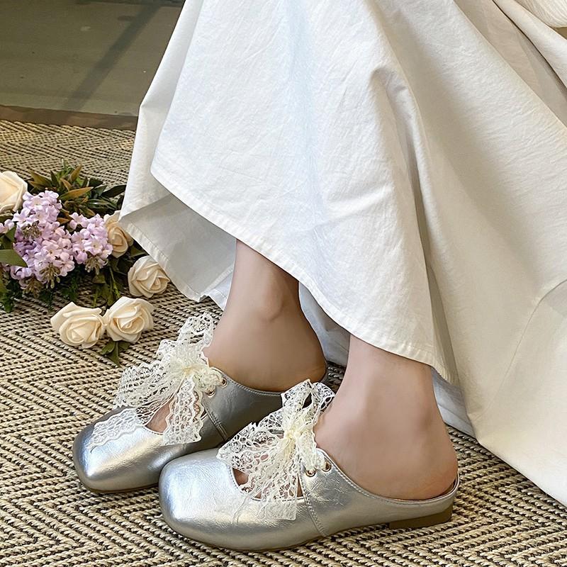 French sandals bow lace bag head half slippers women's summer wear 2025 new square head Mary Jane single shoes