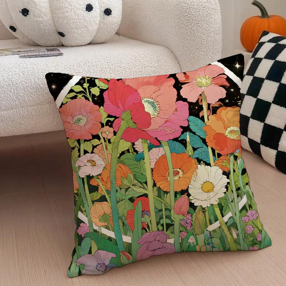 Painted Flowers Cushion Cover Throw Pillow Cover Hidden Button Durable Polyester Chair Cushion