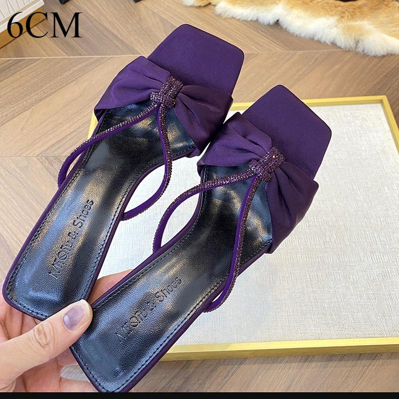 

Fashion Purple Satin Rhinestone One-piece Slippers for Women 2025 Summer New Butterfly Dew Toe High Heels Sandals for Wearing Outside 34