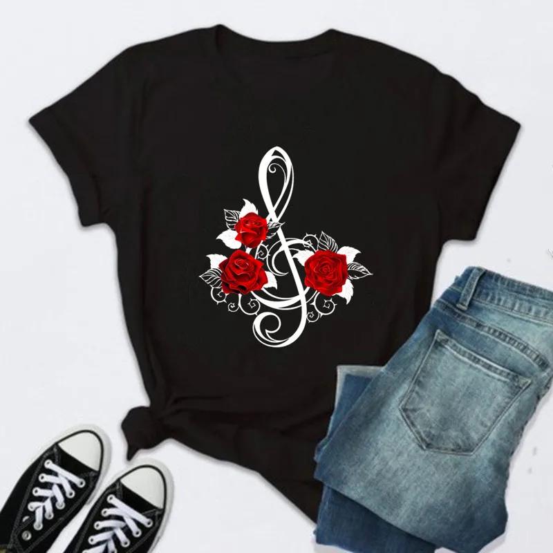 Women Rose Print Black T Shirt Female 2026 Valentine New Tshirt Fashion Short Sleeve Tee Tops Harjauku Cute Tshirt Graphic Y2K