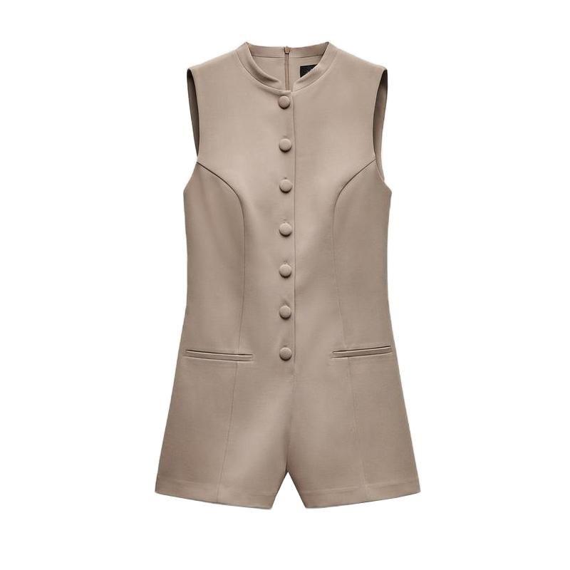 Spring New Women's Clothing French round Neck Sleeveless Button Minimalist Silm Casual One-Piece Shorts 2156550