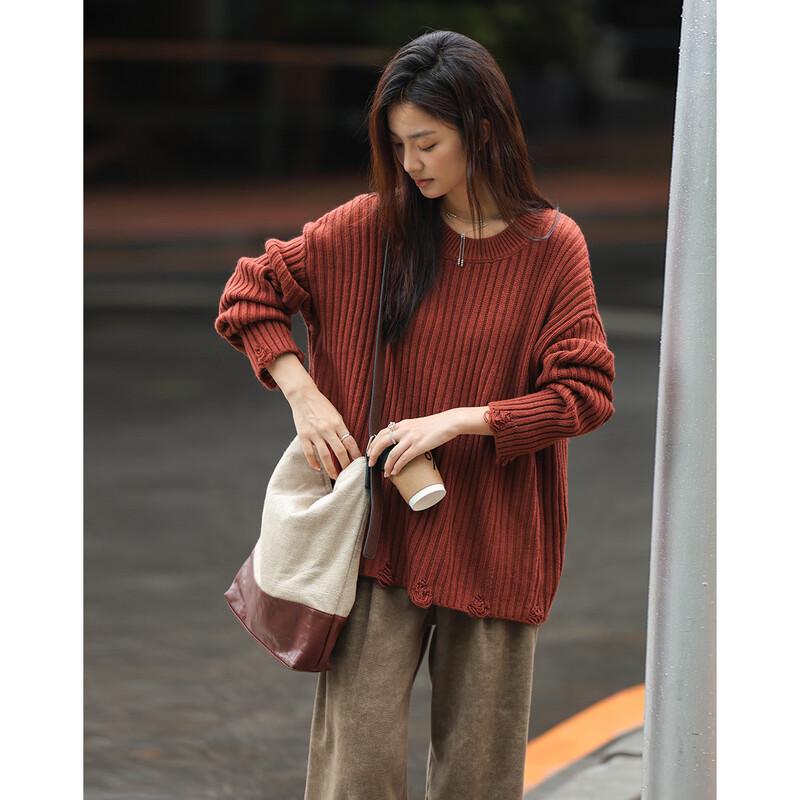 Women's Retro Brick Red Distressed Knit Sweater