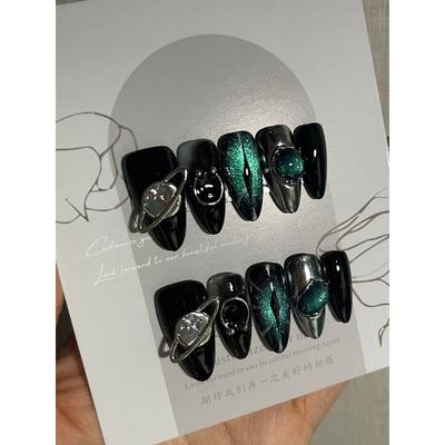 HANDMADE Artificial Nail Glaze Crystal Aurora Cat Eye Phototherapy Nails Fake Nails Reusable and Removable Nails