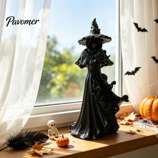 Dark Aesthetic Shelf Ornaments 12 Inch Black Resin Faceless Witch Figurine, Gothic Spooky Robed Statue with Halloween Party Centerpieces Pointed