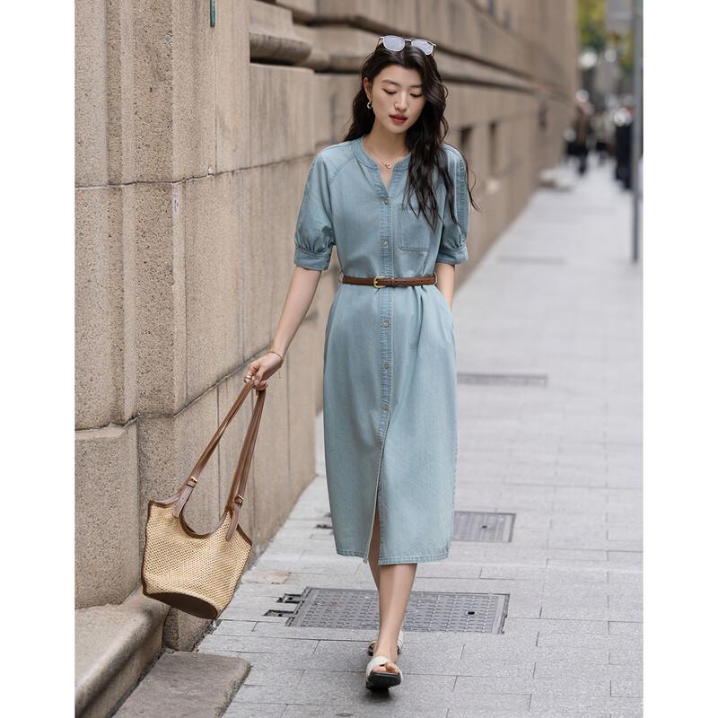 Demana Cloud Cotton V-Neck Belted Denim Dress