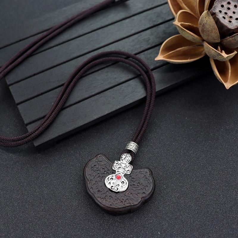 Retro Literary and Artistic Long Ebony Necklace Wooden Pendant Women's Simple Zen Sweater Chain Cotton and Linen Accessories