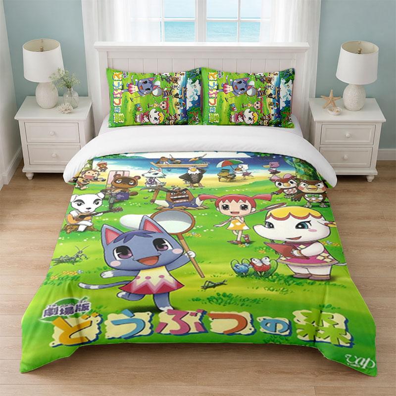 Animal Crossing Sypialnia 3-częściowy komplet pościeli Miękka prześcieradło poszewki na poduszki Dekoracja pościeli domowej